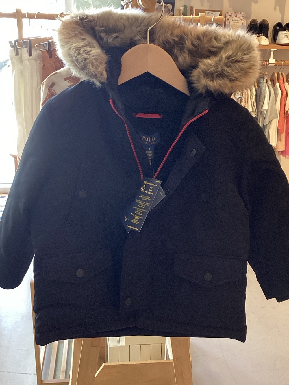 Polo by Ralph Lauren Navy Kids Hooded Puffer with Faux Fur Trim